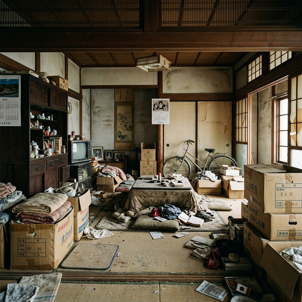 家具や荷物がそのまま残された古い家屋の室内